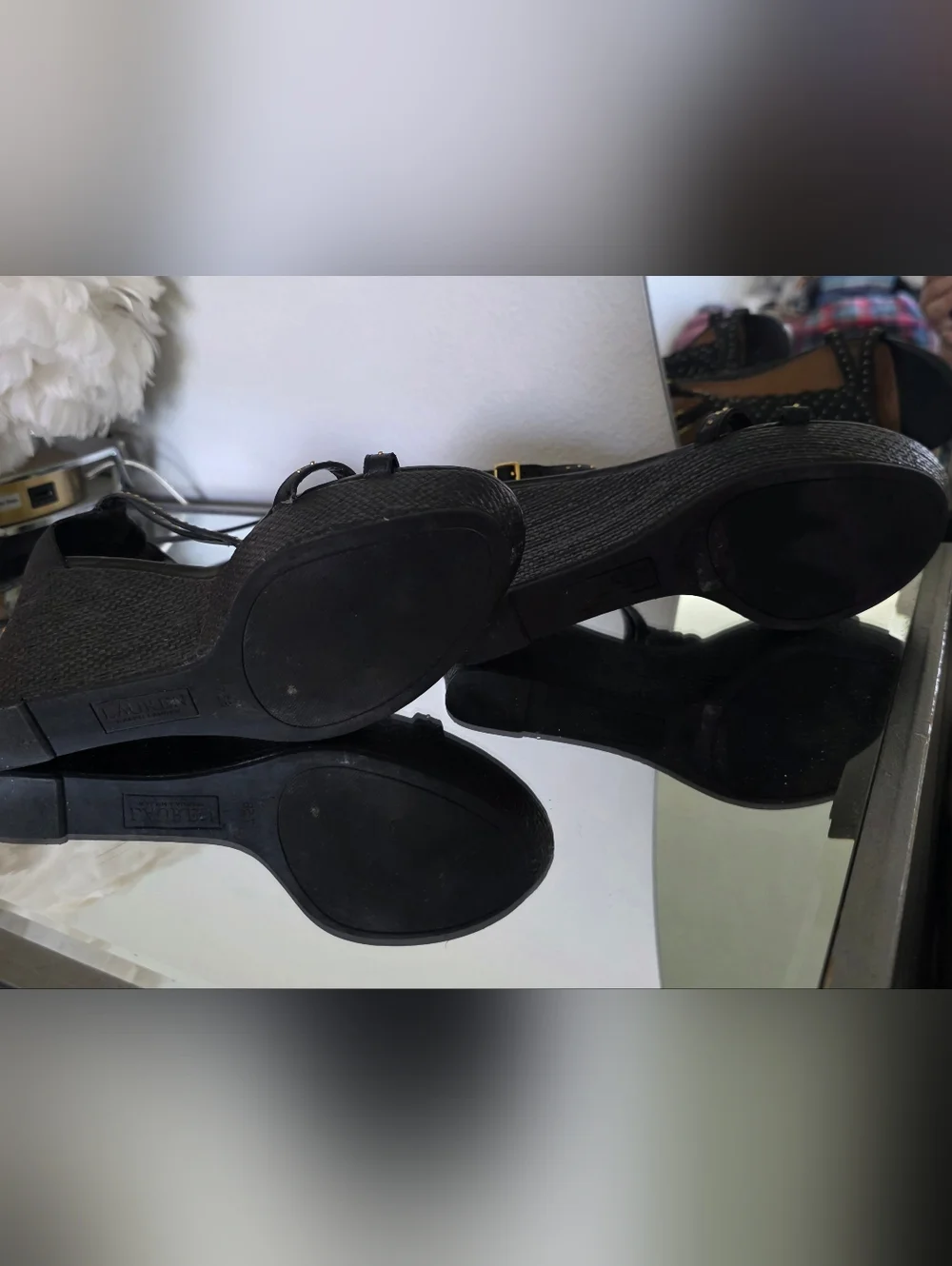 Ralph Lauren Black Braided T-Strap Wedge Sandals with Gold Studs